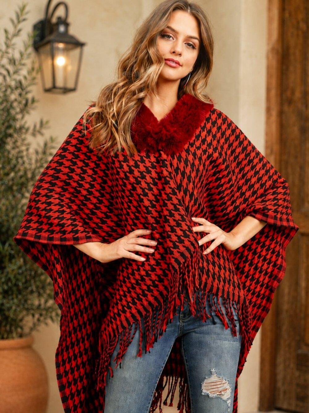 Red Houndstooth Poncho Faux Fur Collar One Size